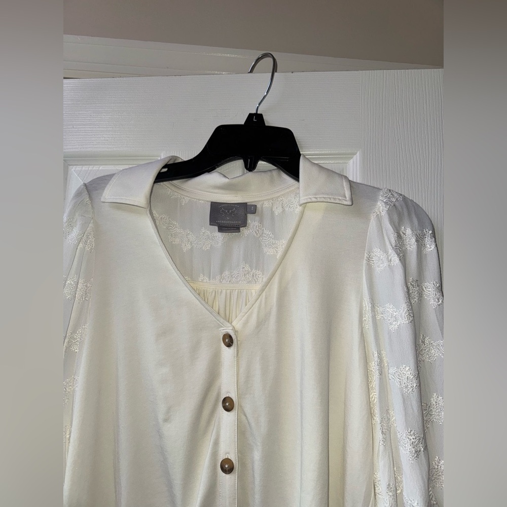 Anthropologie Vanessa Virginia White Embroidered Peasant Blouse Brown Buttons - Picture 2 of 7
